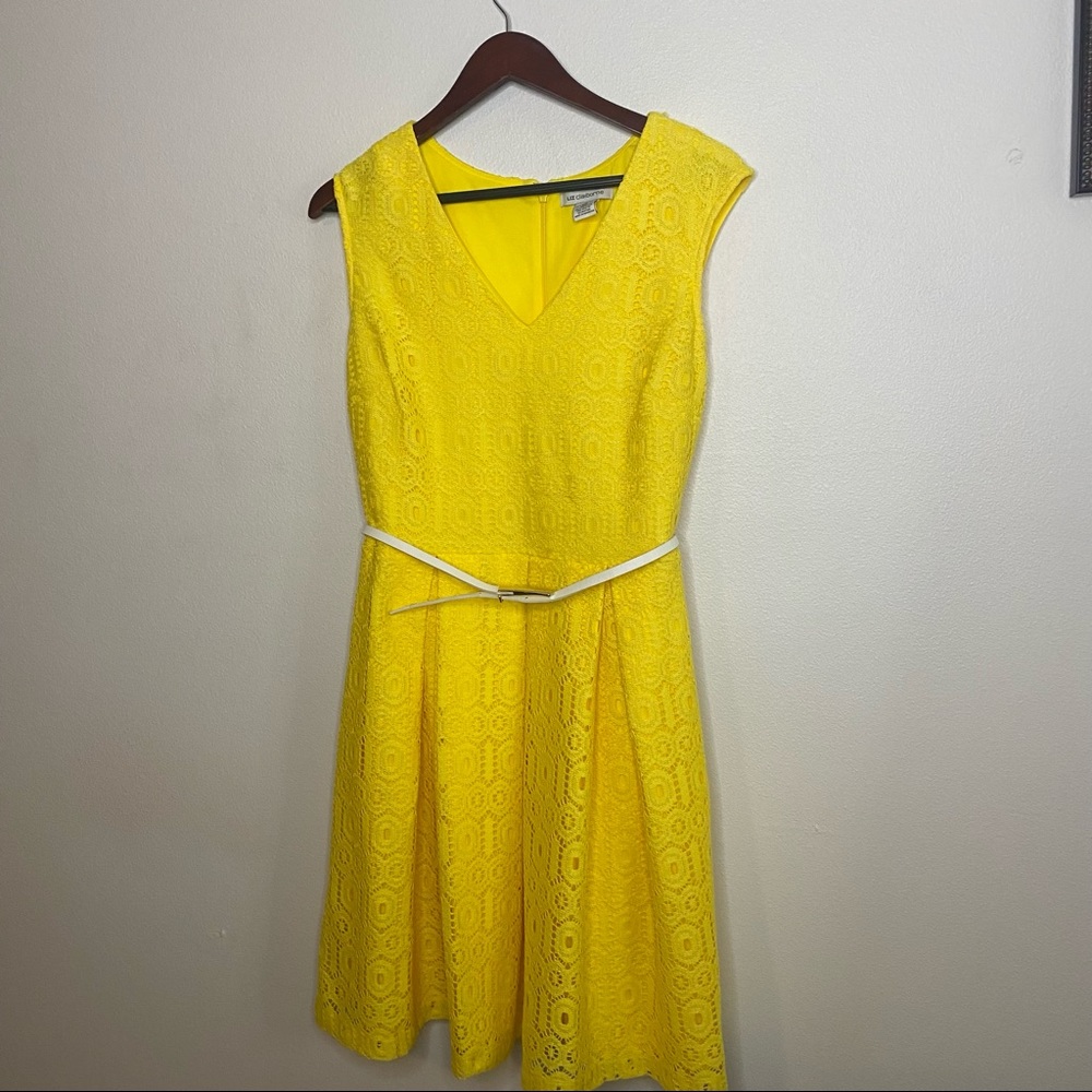 Liz Claiborne Yellow Lace look belted Dress Size 10